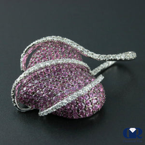 Large Heart Shaped Diamond & Pink Sapphire Pendant In 18K White Gold - Diamond Rise Jewelry