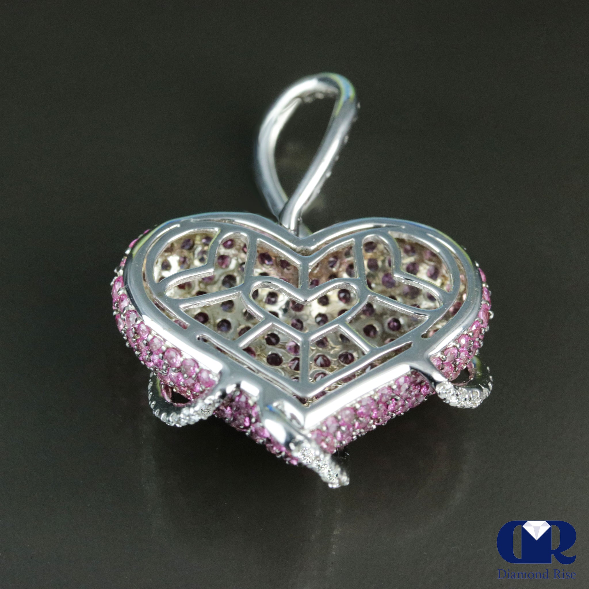 Large Heart Shaped Diamond & Pink Sapphire Pendant In 14K White Gold - Dia  Rise Inc.