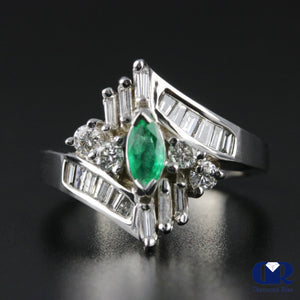 Women's Marquise Emerald & Diamond Cocktail Ring Right Hand Ring In 14K White Gold - Diamond Rise Jewelry