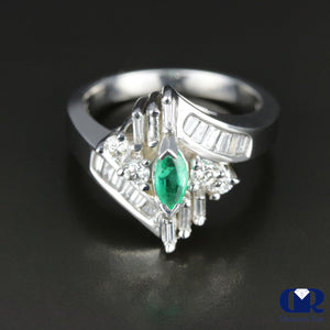 Women's Marquise Emerald & Diamond Cocktail Ring Right Hand Ring In 14K White Gold - Diamond Rise Jewelry