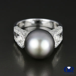12 mm Tahitian South Sea Pearl & Diamond Engagement Ring In 18K White Gold - Diamond Rise Jewelry