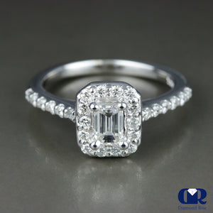 0.85 Carat Emerald Cut Diamond Halo Engagement Ring In 14K White Gold - Diamond Rise Jewelry