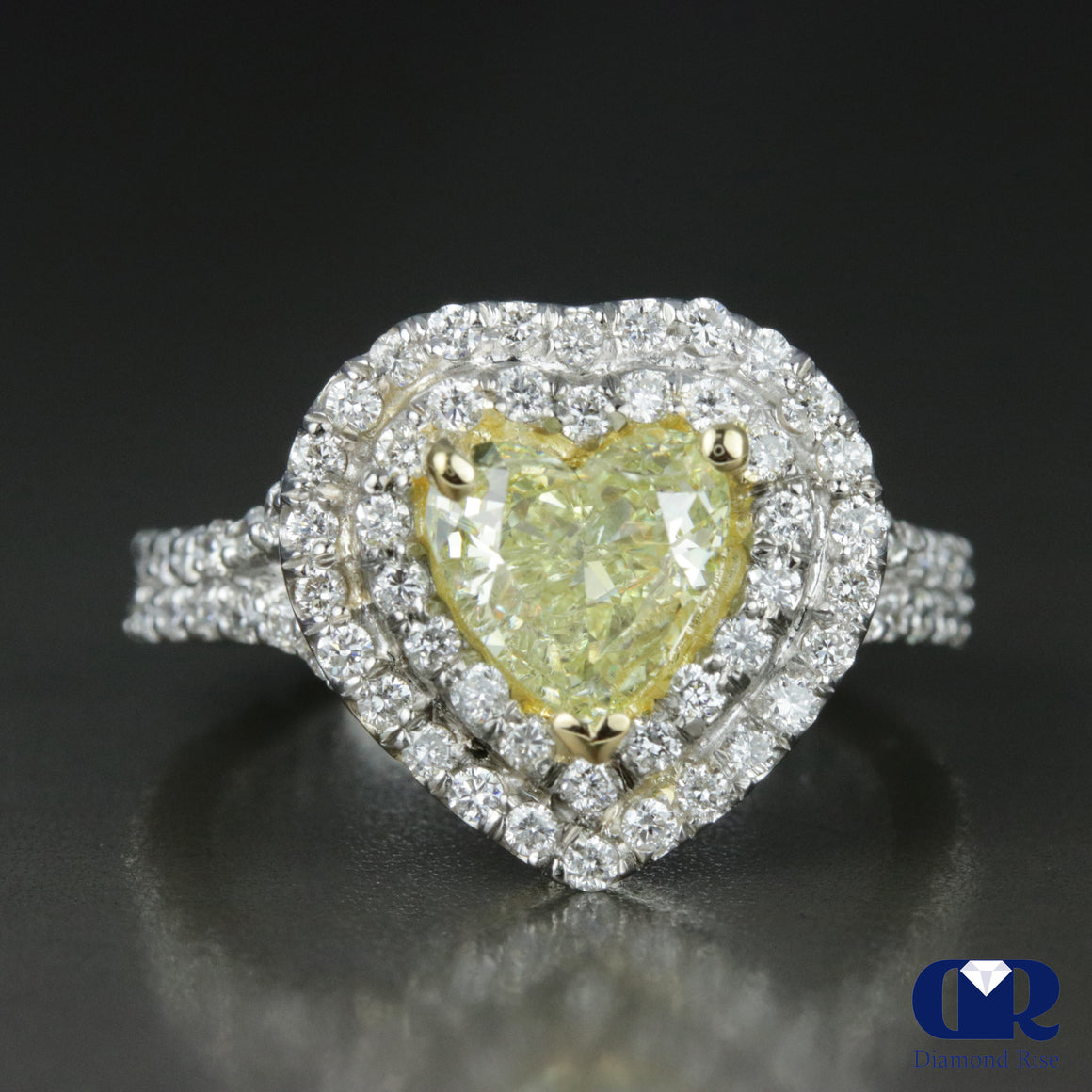 2.27 Carat Heart Shaped Fancy Yellow Diamond Double Halo Engagement Ring 14K White Gold - Diamond Rise Jewelry