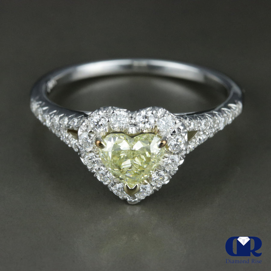 1.02 Heart Cut Fancy Yellow Diamond Halo Engagement Ring 14K White Gold - Diamond Rise Jewelry