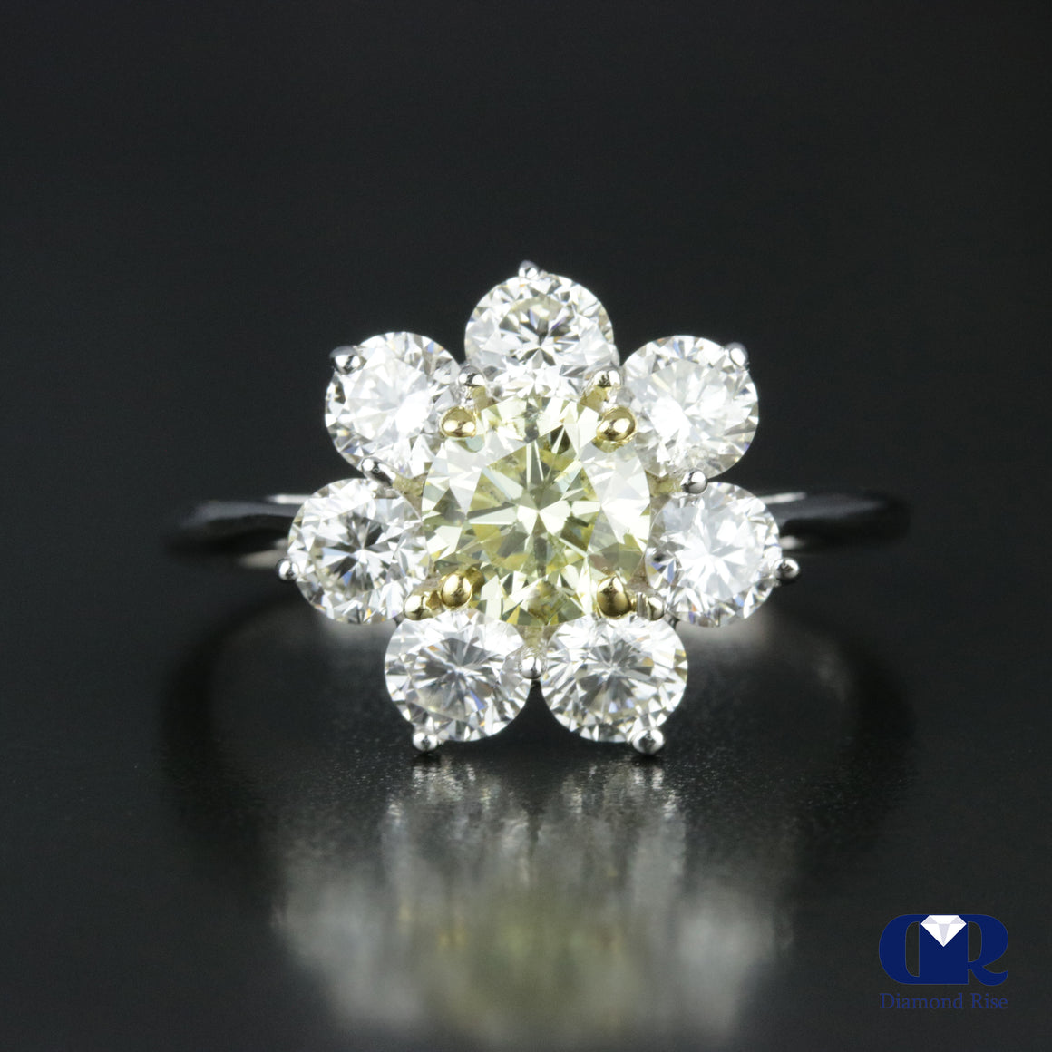2.12 Carat Round Cut Fancy Yellow Diamond Engagement Ring In 14K White Gold - Diamond Rise Jewelry