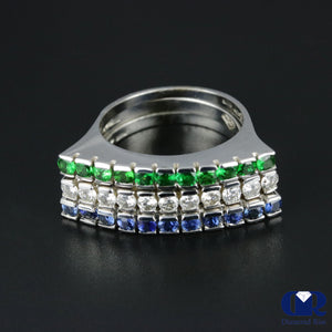 Women's Diamond Emerald & Sapphire Right Hand Ring & Cocktail Ring In 14K White Gold - Diamond Rise Jewelry