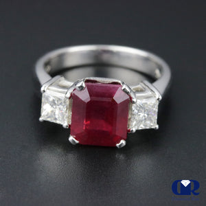 Women's Ruby & Diamond Three Stone Cocktail Ring Right Hand Ring In 14K White Gold - Diamond Rise Jewelry