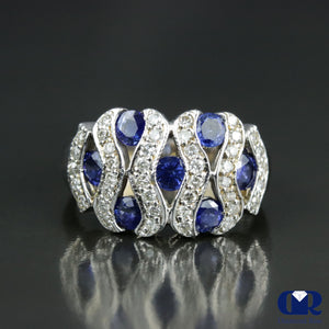 Round Cut Diamond & Sapphire Cocktail Ring & Right Hand Ring In 18K White Gold - Diamond Rise Jewelry