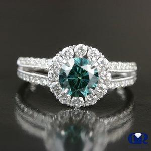 1.74 Carat Round Cut Green Diamond Halo Engagement Ring In 18K White Gold - Diamond Rise Jewelry