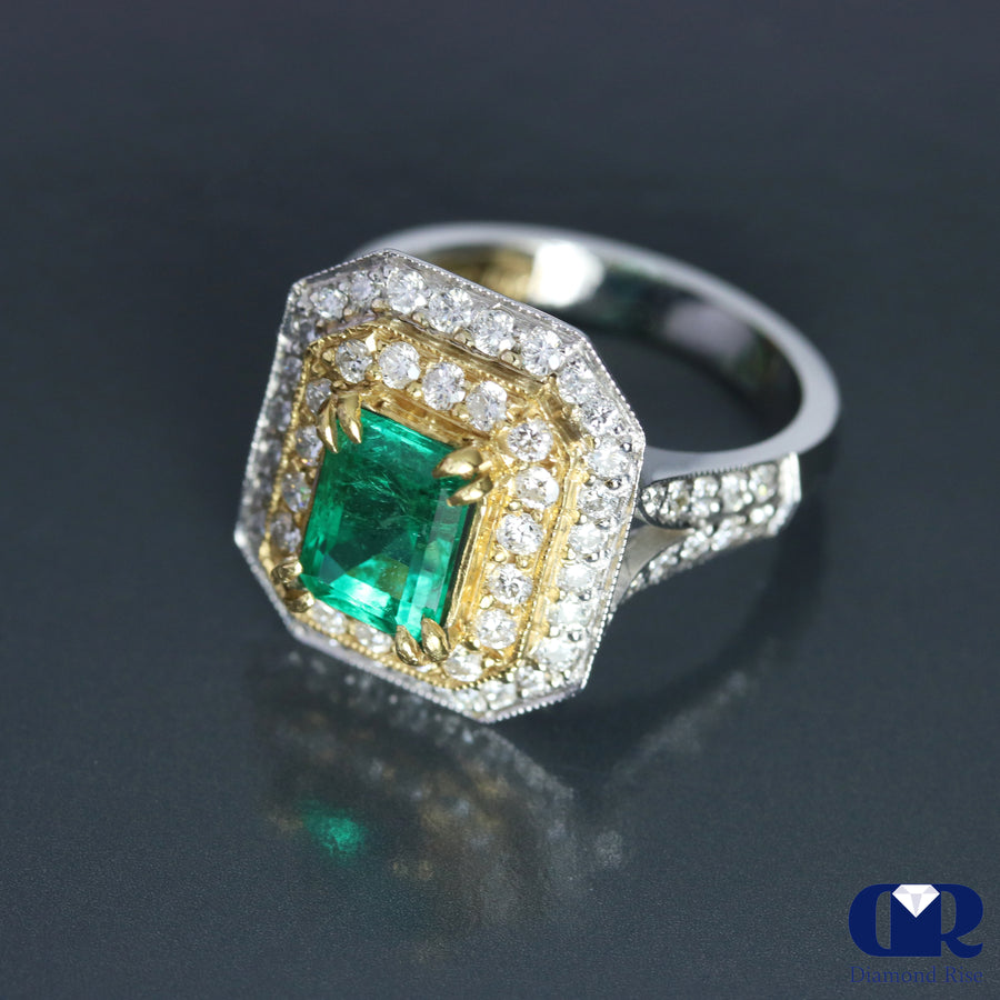 2.90 Ct Natural Emerald & Diamond Ring In 18K Whit & Yellow Gold - Diamond Rise Jewelry