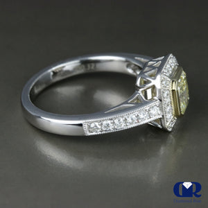 1.35 Carat Fancy Yellow Radiant Cut Diamond Halo Engagement Ring In 18K White Gold - Diamond Rise Jewelry