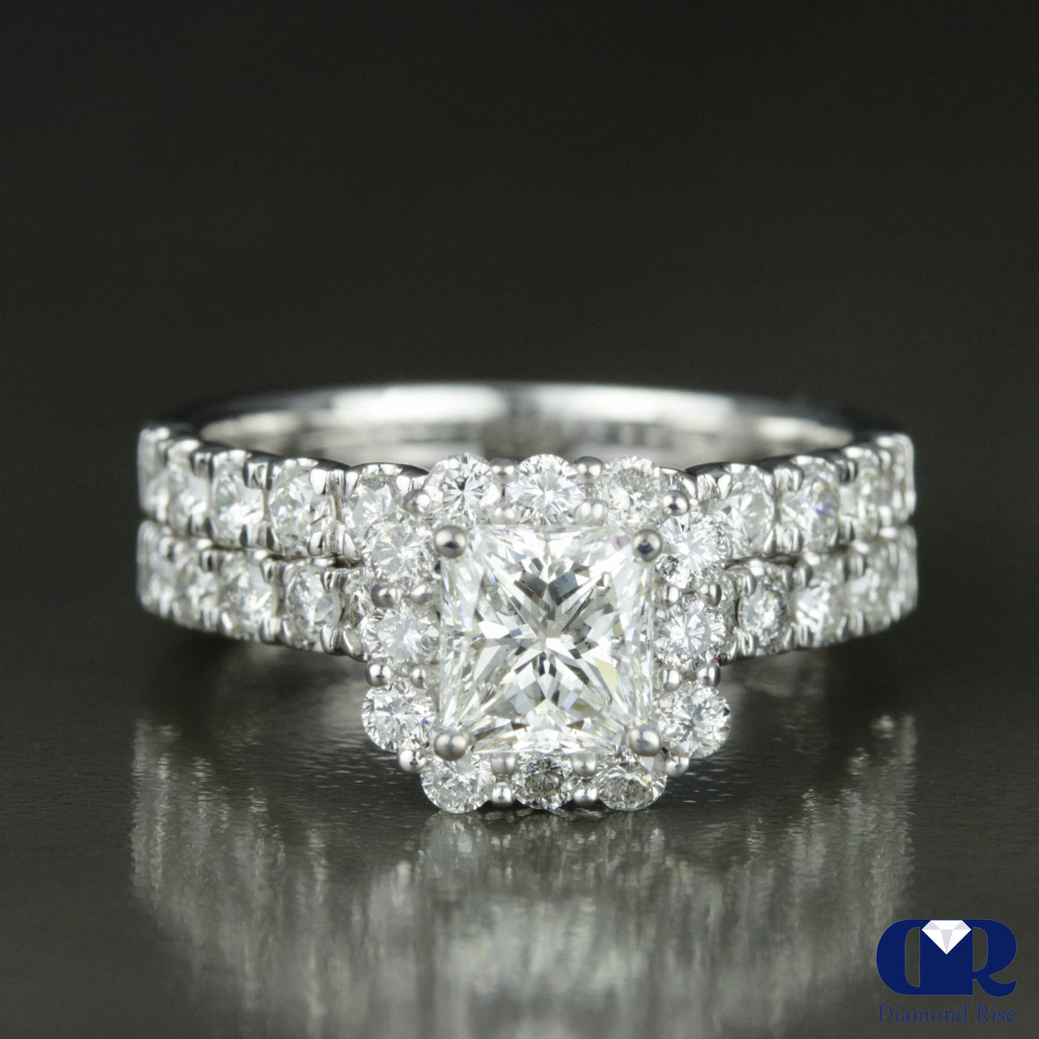 2.03 Carat Princess Cut Diamond Halo Engagement Ring Set In 14K White Gold - Diamond Rise Jewelry