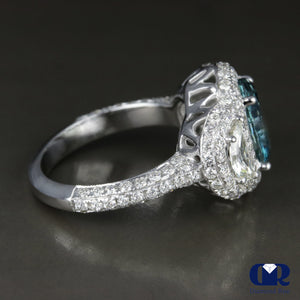 3.72 Carat Fancy Blue Oval Cut Diamond Engagement Halo Ring In 14K White Gold - Diamond Rise Jewelry