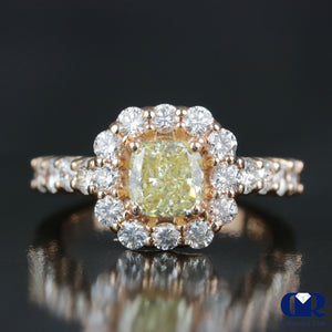 2.81 Carat Cushion Cut Fancy Yellow Diamond Halo Engagement Ring In 14K Rose Gold - Diamond Rise Jewelry