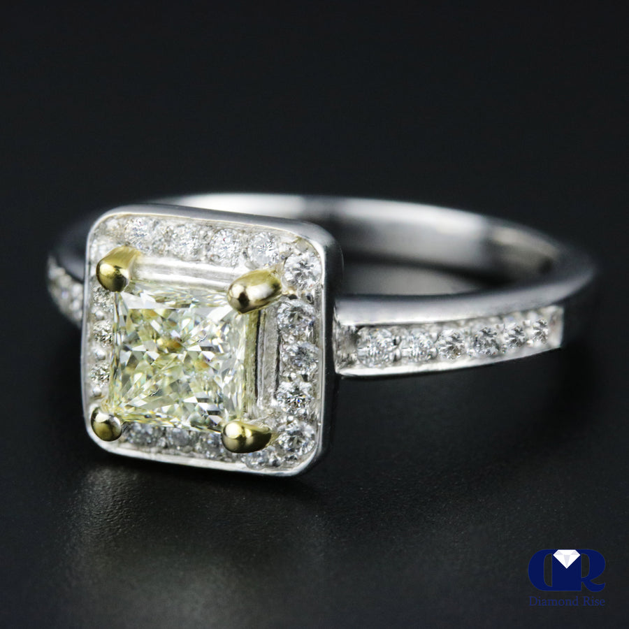 1.30 Carat Fancy Yellow Princess Cut Diamond Halo Engagement Ring In 14K Yellow Gold - Diamond Rise Jewelry