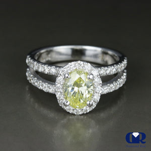 1.94 Carat Fancy Yellow Oval Cut Diamond Halo Engagement Ring In 14K White Gold - Diamond Rise Jewelry