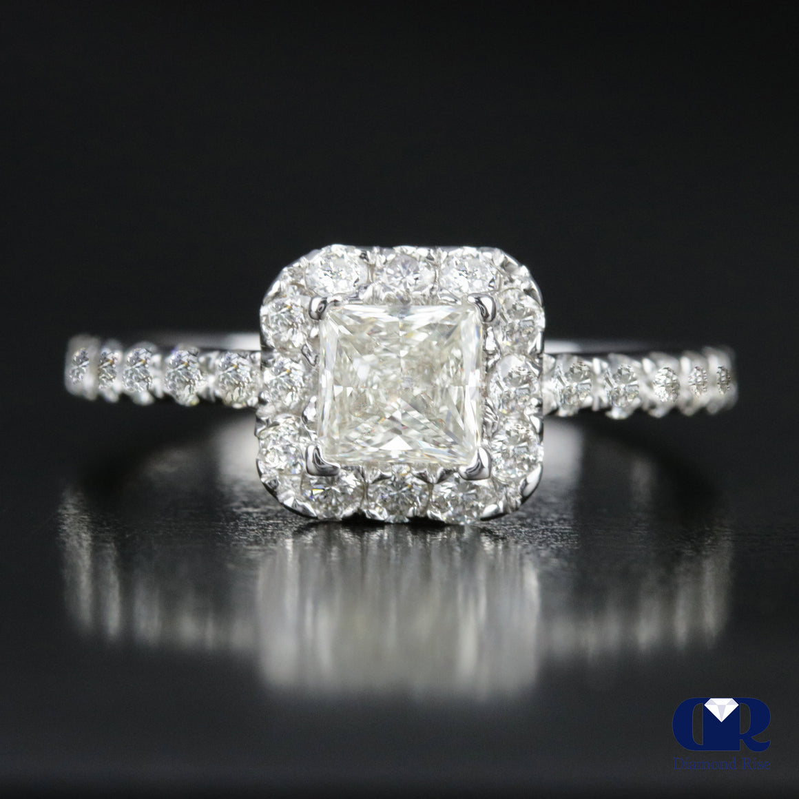 1.00 Carat Princess Cut Diamond Halo Engagement Ring In 14K White Gold - Diamond Rise Jewelry
