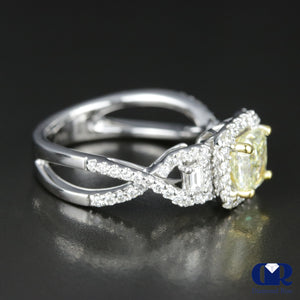 2.08 Carat Cushion Cut Fancy Yellow Diamond Halo Twisted Engagement Ring 18K White Gold - Diamond Rise Jewelry