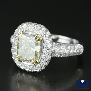 2.88 Carat Fancy Yellow Cushion Cut Diamond Double Halo Engagement Ring In 14K White Gold - Diamond Rise Jewelry