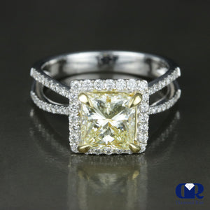 2.76 Carat Fancy Yellow Radiant Cut Diamond Halo Engagement Ring In 18K White Gold - Diamond Rise Jewelry