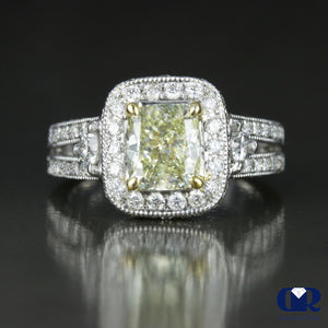 3.82 Carat Cushion Cut Fancy Yellow Halo Engagement Ring In 14K White Gold - Diamond Rise Jewelry