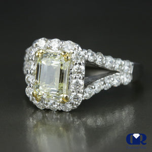 2.43 Carat Fancy Yellow Emerald Cut Diamond Halo Engagement Ring In 14K White Gold - Diamond Rise Jewelry