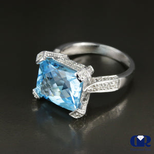 Cushion Cut Blue Topaz & Diamond Cocktail & Right Hand Ring In 14K Gold - Diamond Rise Jewelry