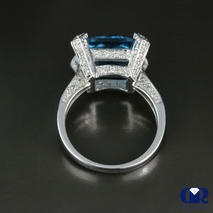 Cushion Cut Blue Topaz & Diamond Cocktail & Right Hand Ring In 14K Gold - Diamond Rise Jewelry