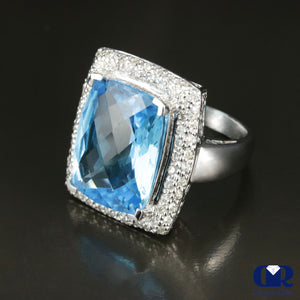 Large Cushion Cut Blue Topaz & Diamond Cocktail Ring & Right Hand Ring In 14K Gold - Diamond Rise Jewelry
