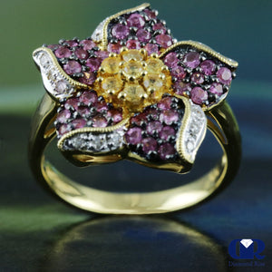 Women's Diamond & Sapphire Flower Style Right Hand Ring Cocktail Ring In 18K Yellow Gold - Diamond Rise Jewelry
