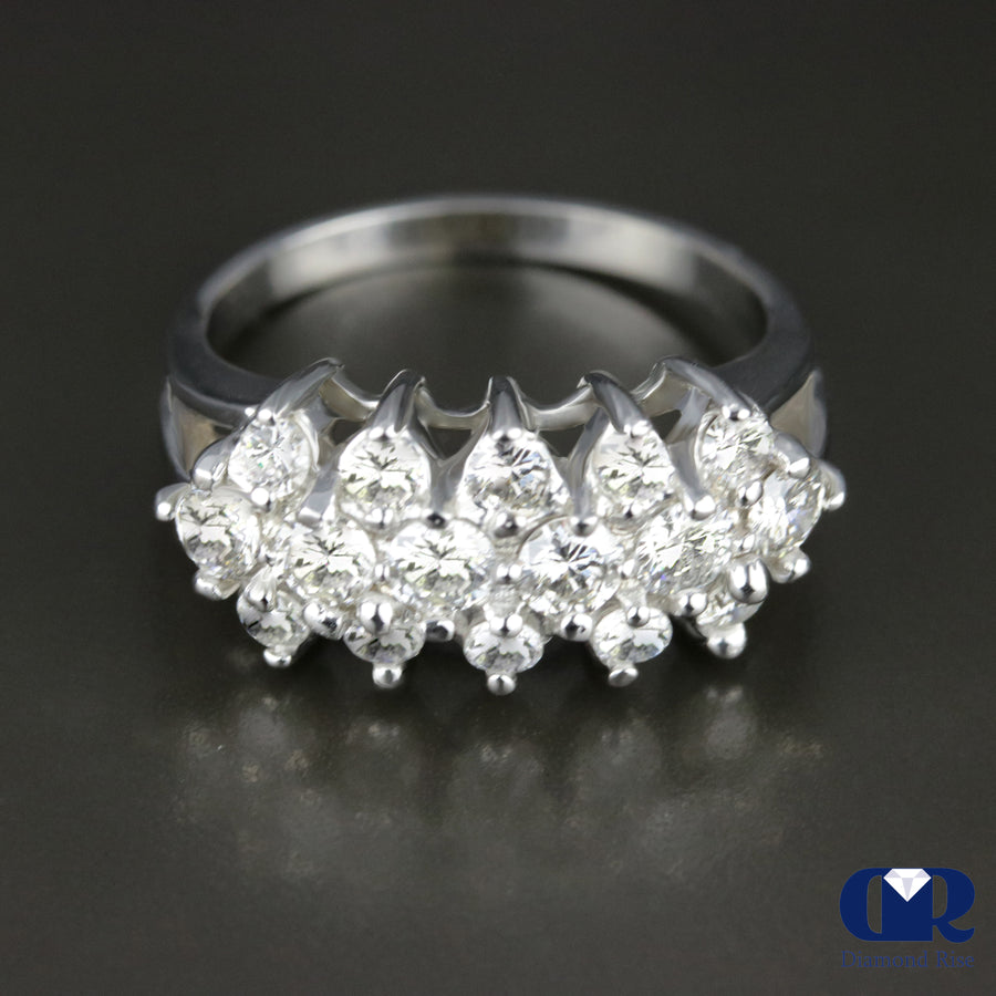 Women's Round Cut Diamond Three Row Prong Setting Wedding Anniversary Ring In 14K White Gold - Diamond Rise Jewelry