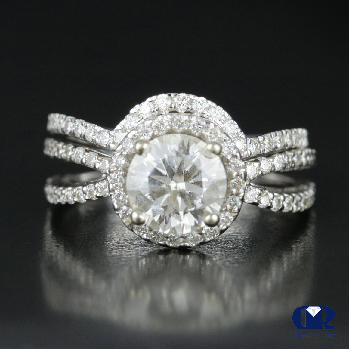 1.65 Carat Round Cut Diamond Halo Engagement Ring Set In 14K Gold - Diamond Rise Jewelry