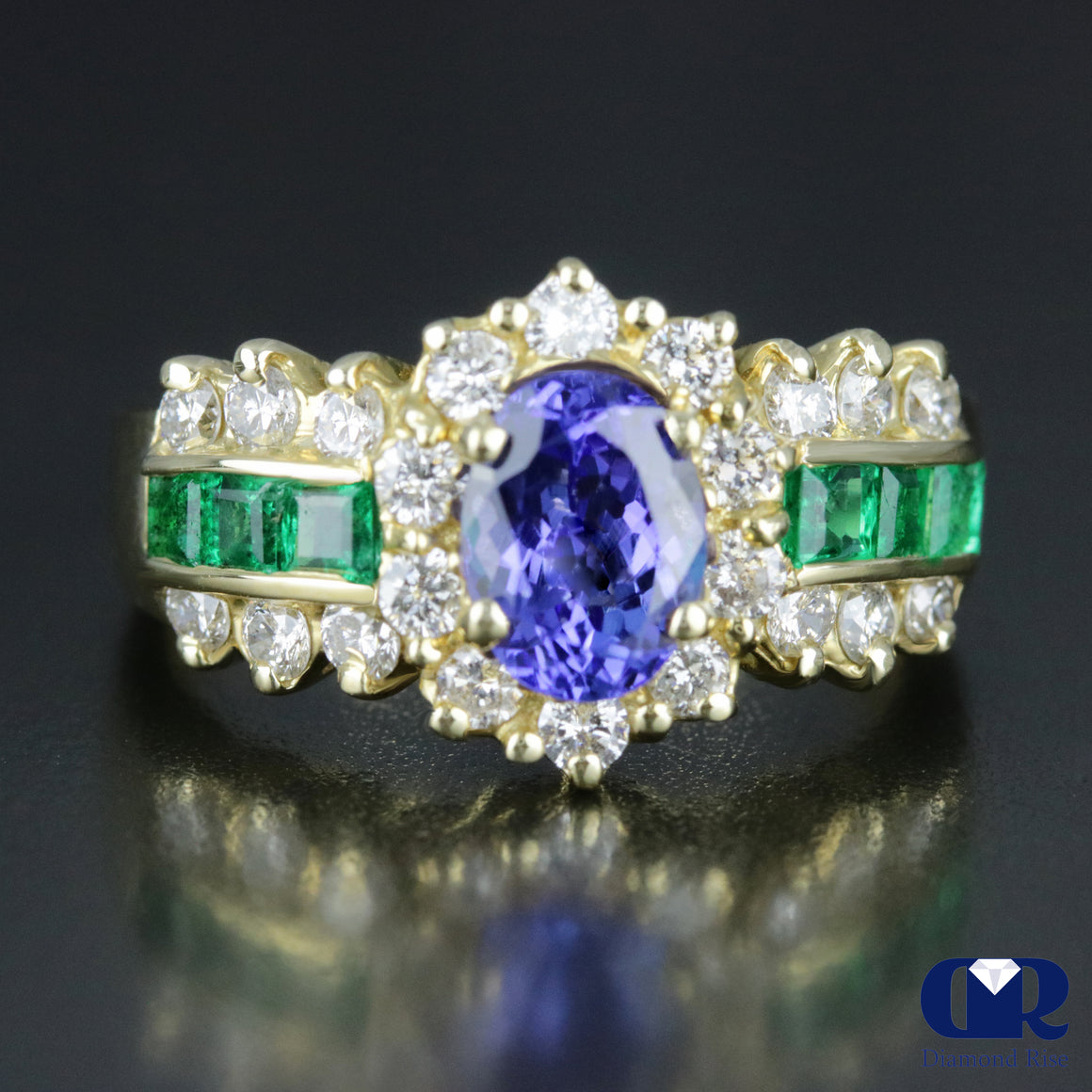 Women's Tanzanite Emerald & Diamond Cocktail Ring Right Hand Ring 14K Gold - Diamond Rise Jewelry