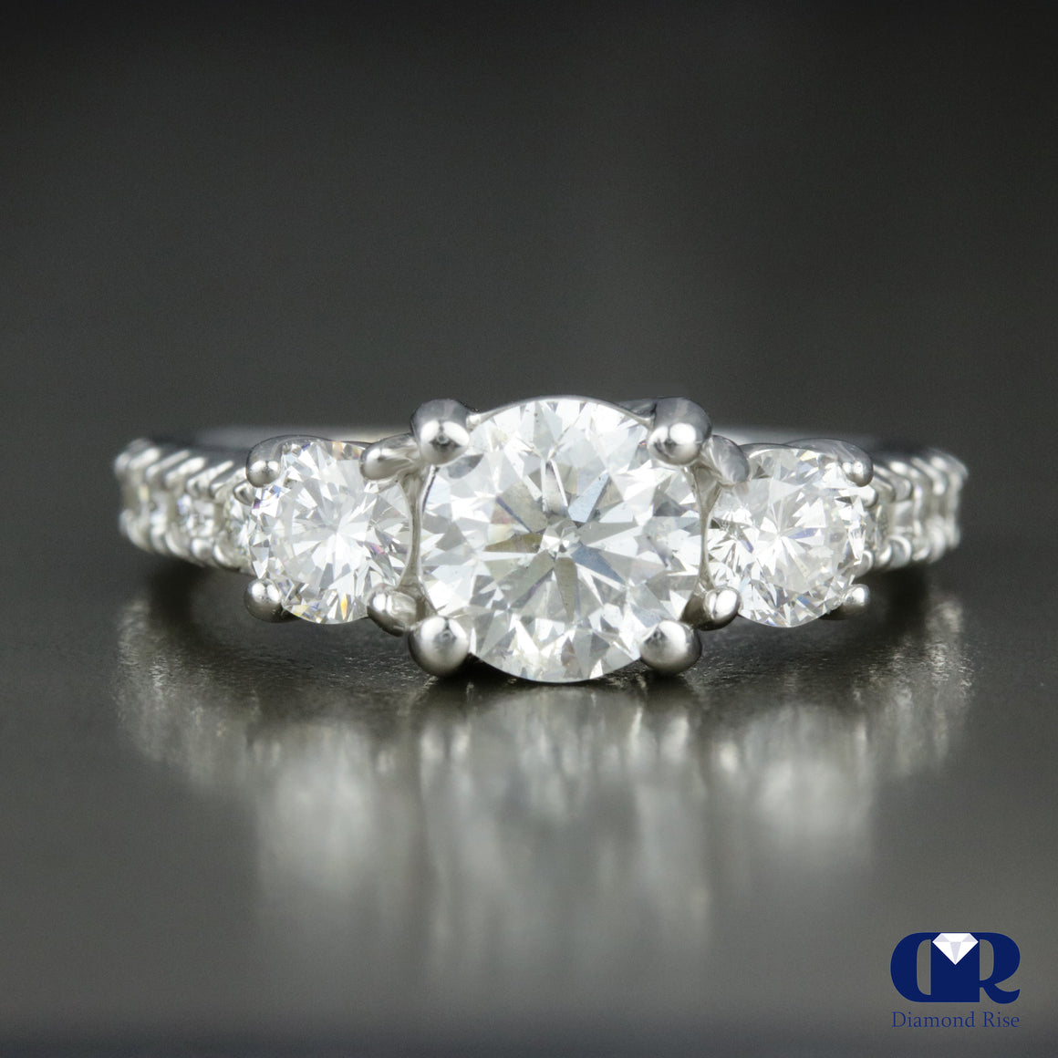 1.82 Carat Round Cut Diamond Three Stone Engagement Ring In 14K White Gold - Diamond Rise Jewelry