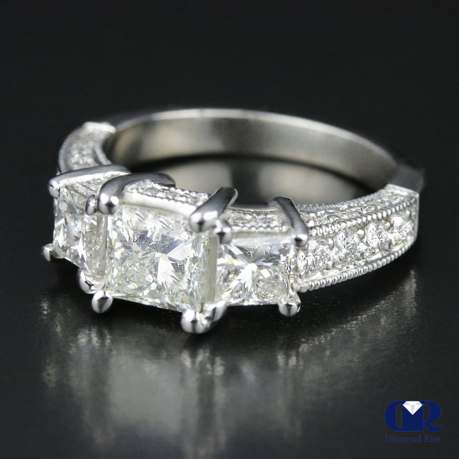 2.56 Carat Princess Cut Diamond Three Stone Engagement Ring In Platinum - Diamond Rise Jewelry