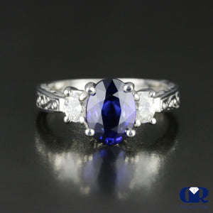 Women's Oval Sapphire & Diamond Three Stone Cocktail Ring & Right Hand Ring In 14K White Gold - Diamond Rise Jewelry