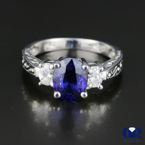 Women's Oval Sapphire & Diamond Three Stone Cocktail Ring & Right Hand Ring In 14K White Gold - Diamond Rise Jewelry