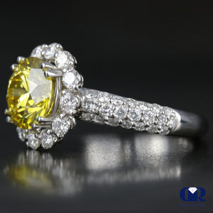 3.66 Carat Round Cut Fancy Yellow Halo Engagement Ring In 18K White Gold - Diamond Rise Jewelry