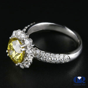 3.66 Carat Round Cut Fancy Yellow Halo Engagement Ring In 18K White Gold - Diamond Rise Jewelry