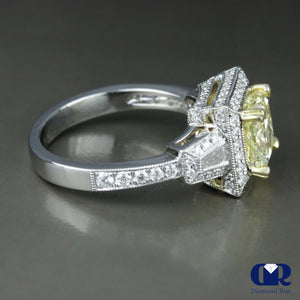 3.07 Carat Fancy Yellow Radiant Cut Diamond Halo Engagement Ring In 18K White Gold - Diamond Rise Jewelry