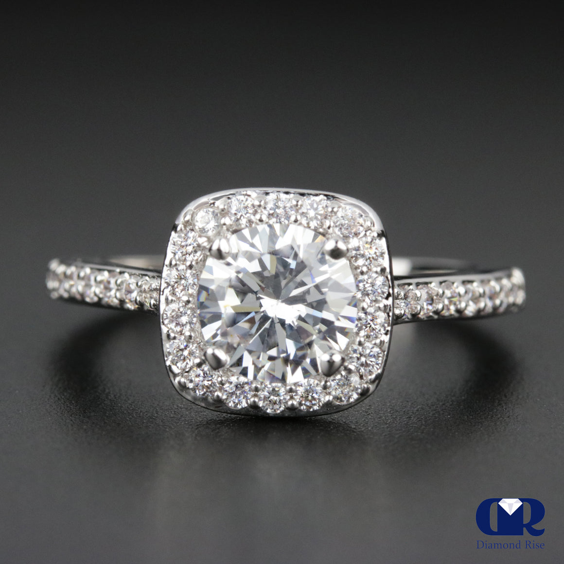 1.80 Carat Round Cut Diamond Halo Engagement Ring In 14K White Gold - Diamond Rise Jewelry