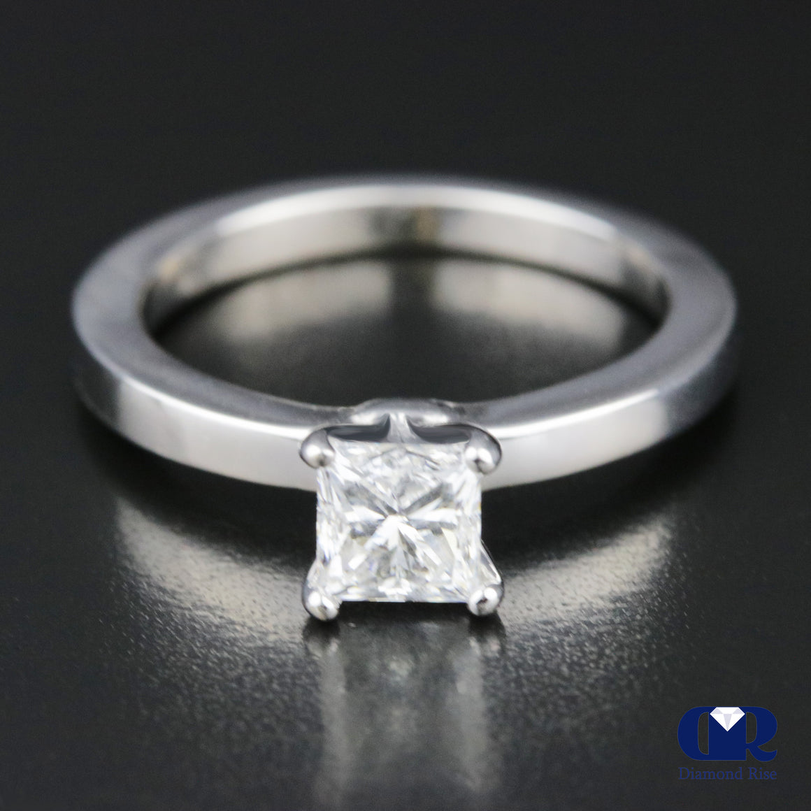 0.65 Carat Princess Cut Diamond 4 Prong Solitaire Engagement Ring In 14K White Gold - Diamond Rise Jewelry