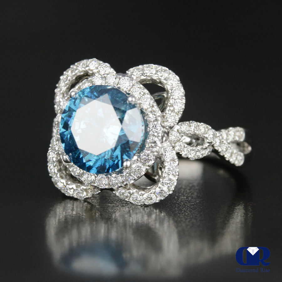 4.03 Carat Round Cut Blue Diamond Twisted Engagement Ring In 18K White Gold - Diamond Rise Jewelry
