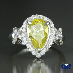 2.85 Carat Fancy Yellow Pear Cut Diamond Halo Engagement Ring In 14K White Gold - Diamond Rise Jewelry