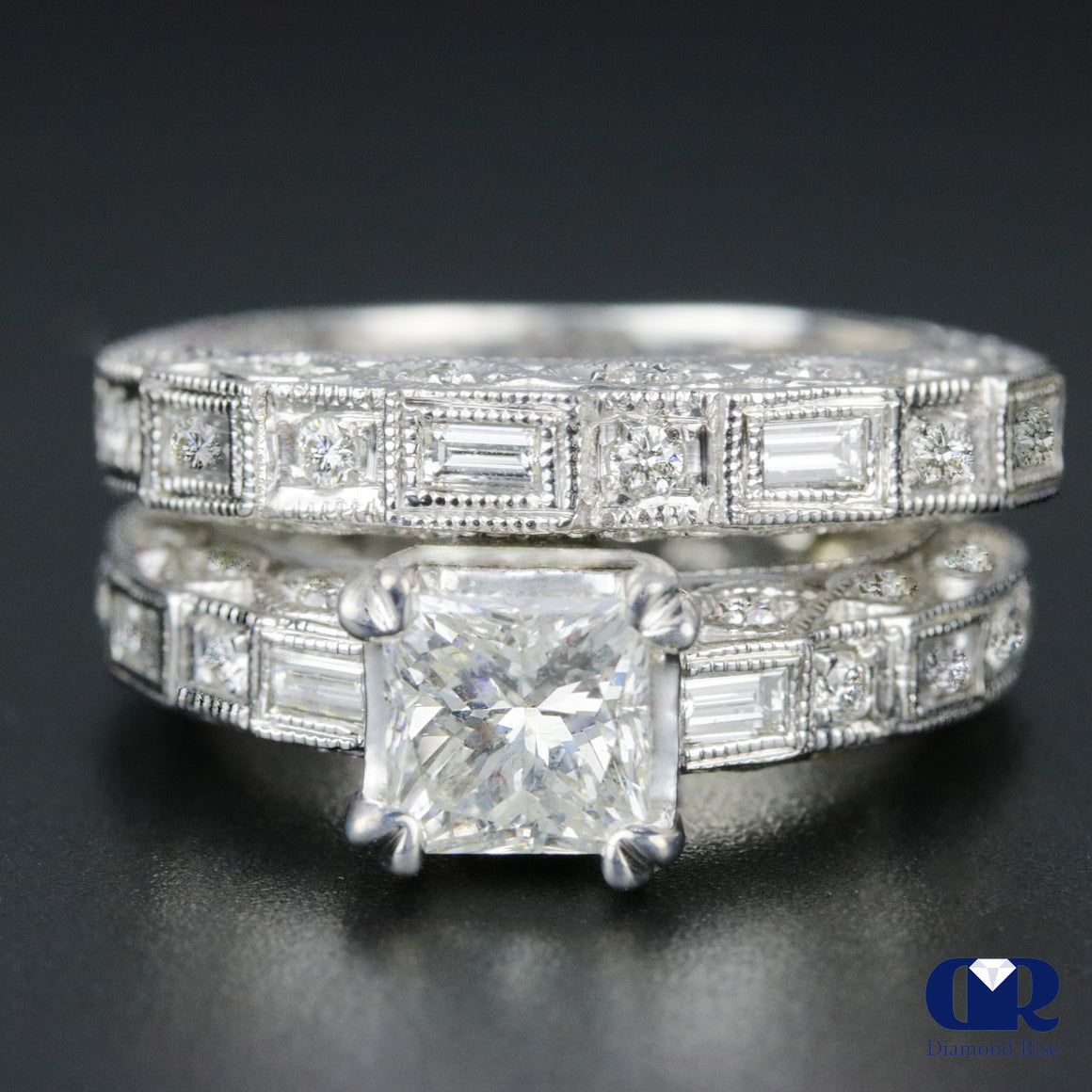 3.25 Carat Princess Cut Diamond Engagement Ring Set In 14K White Gold - Diamond Rise Jewelry