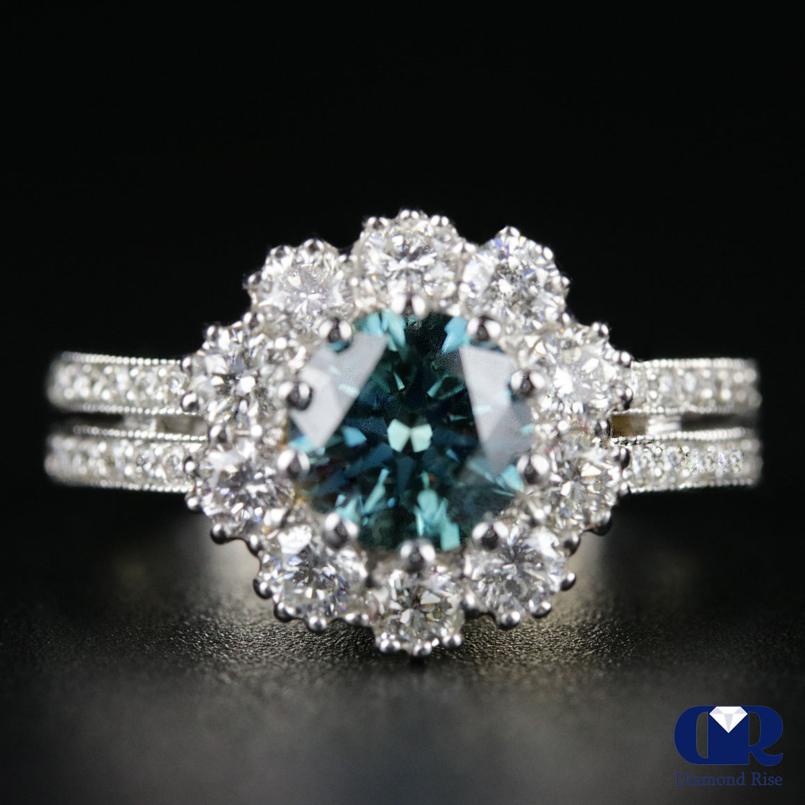 2.34 Carat Round Cut Blue Diamond Halo Engagement Ring In 14K White Gold - Diamond Rise Jewelry