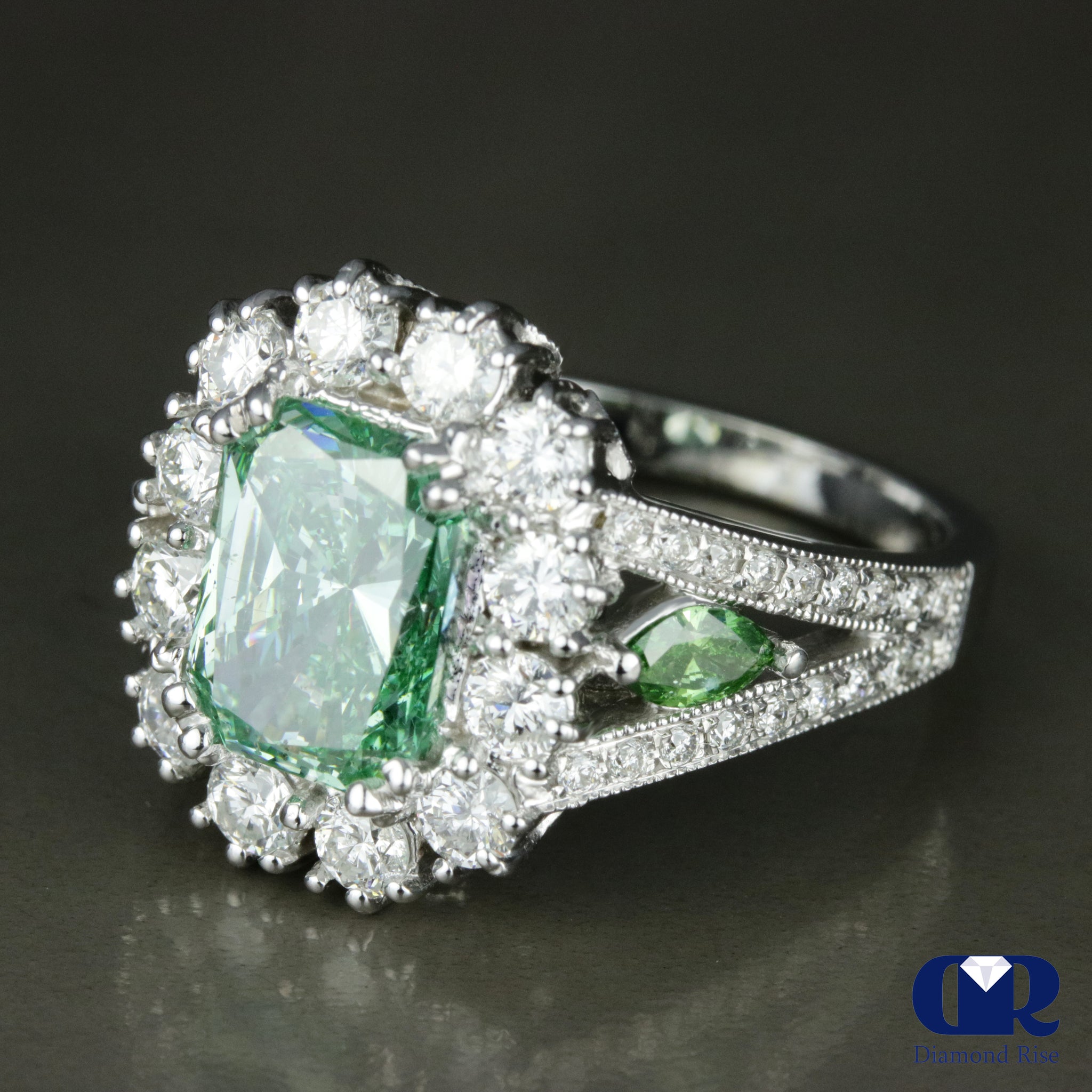 3.90 Carat Fancy Green Radiant Cut Diamond Halo Engagement Ring In 14K ...