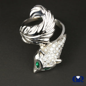 Natural Diamond & Emerald Fox Cocktail Ring In 14K White Gold