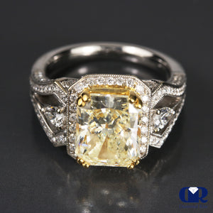 4.74 Carat Fancy Yellow Radiant Cut Diamond Halo Engagement Ring 18K White Gold