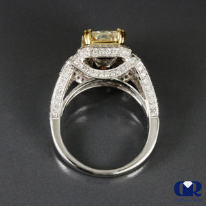 4.74 Carat Fancy Yellow Radiant Cut Diamond Halo Engagement Ring 18K White Gold